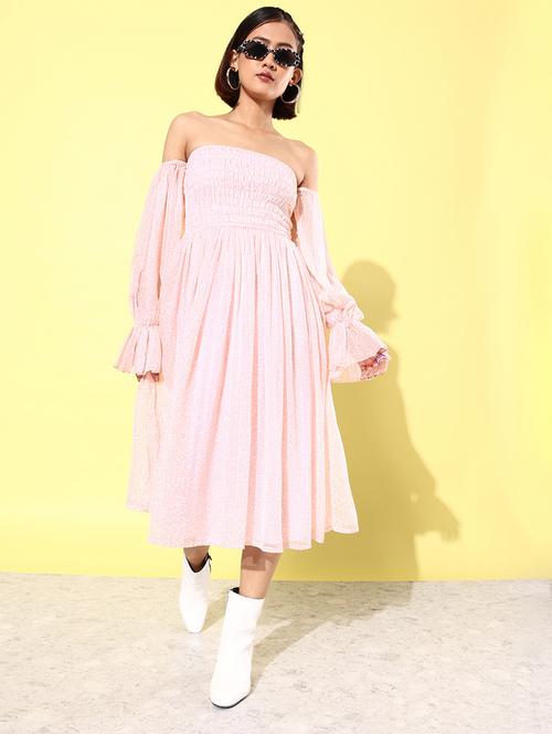 pink printed smocked detailed fit & flare dress - 20852964 -  Standard Image - 0