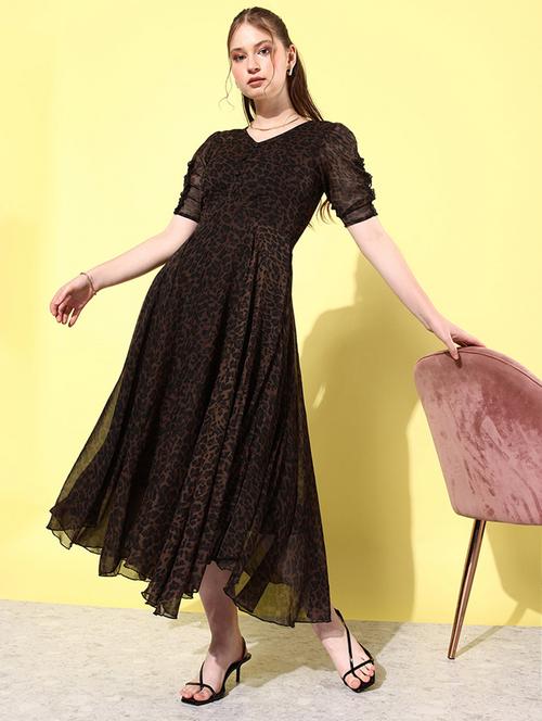 women brown animal printed fit & flare dress - 20852965 - Standard Image - 0