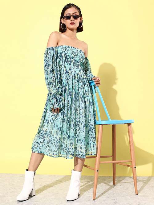 women light blue animal printed fit & flare dress - 20852966 -  Standard Image - 0