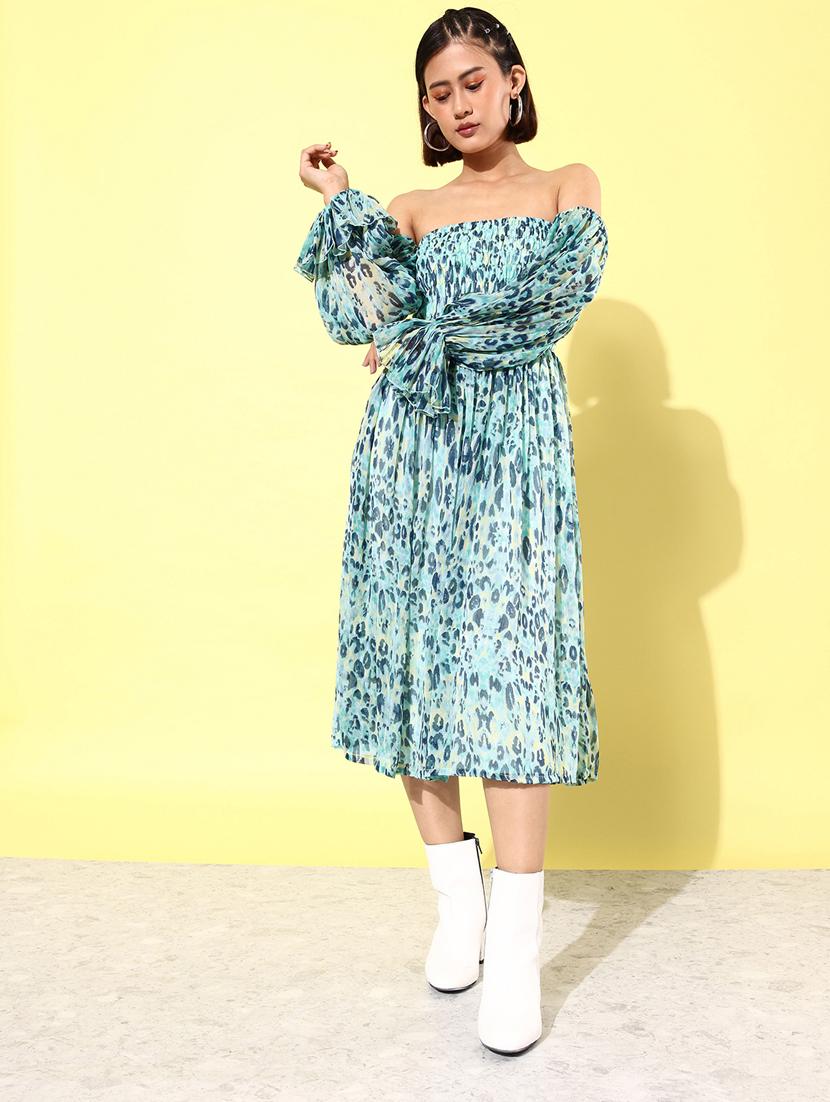 women light blue animal printed fit & flare dress - 20852966 -  Standard Image - 1