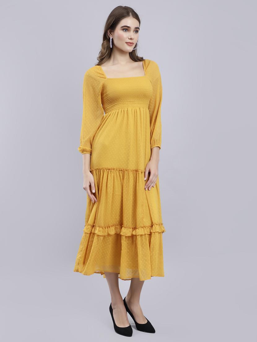 yellow self design smocked fit & flare midi dress - 20852968 - Standard Image - 1