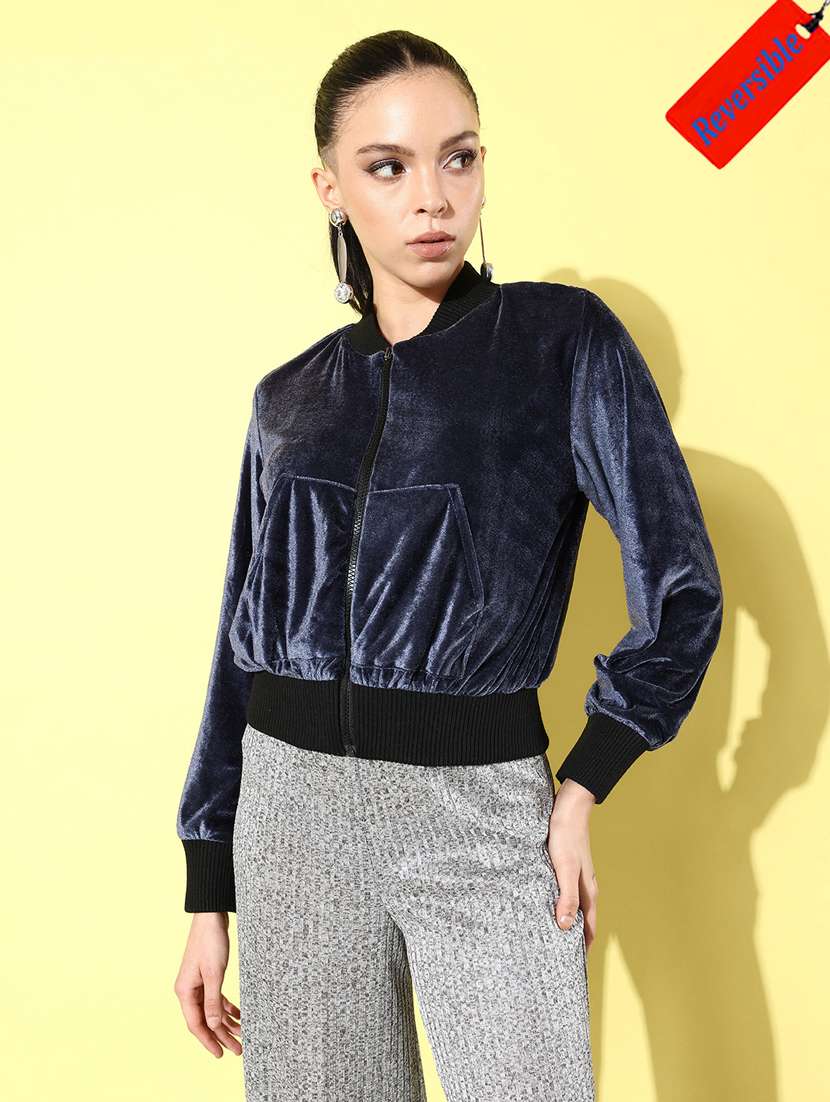 women blue solid summer jacket