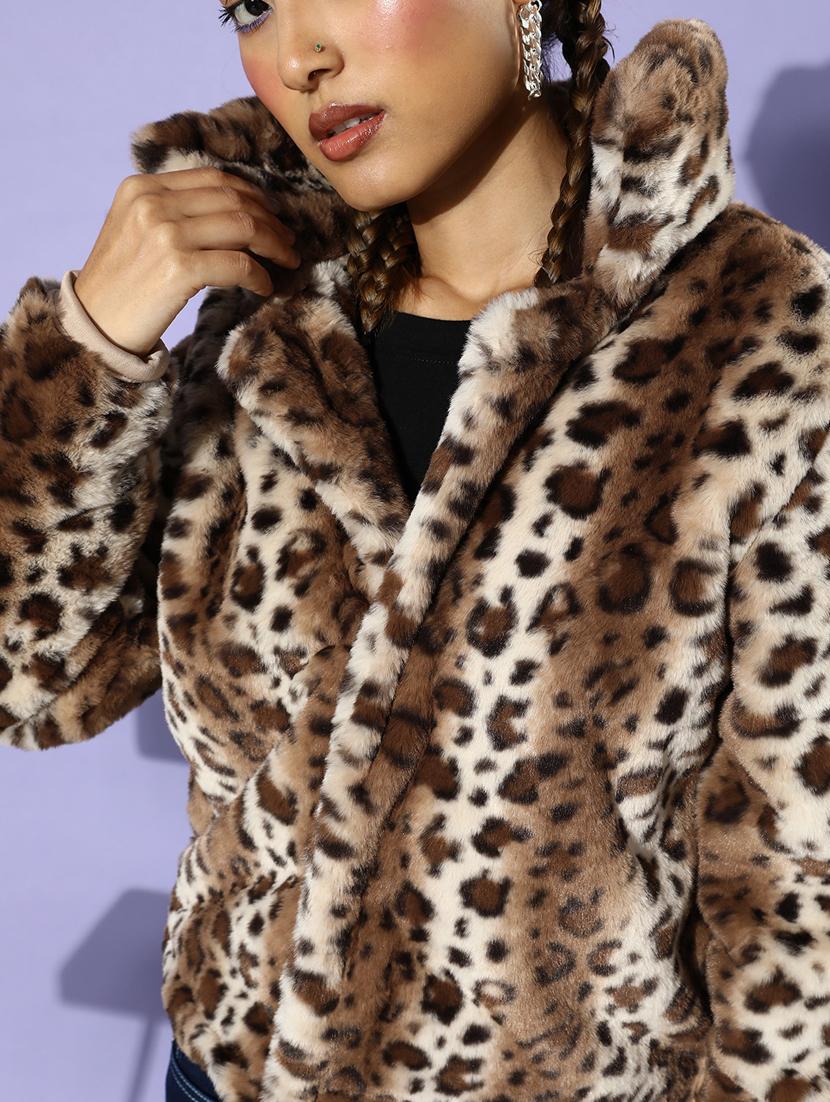 women brown animal printed fur jacket - 20853046 - Standard Image - 4