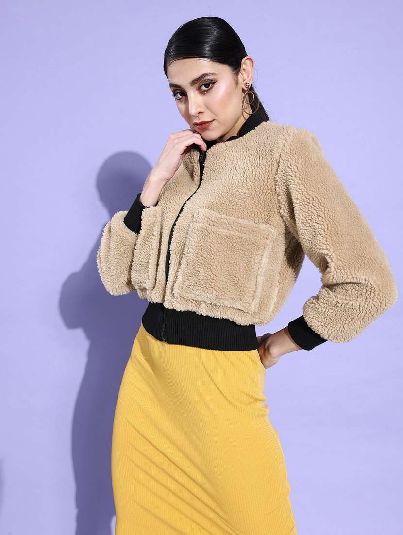 women beige solid fur jacket