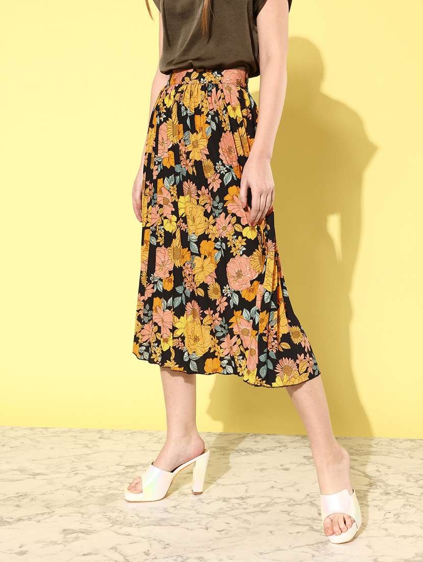 women mid-rise black floral printed pleated skirt - 20853123 - Standard Image - 1