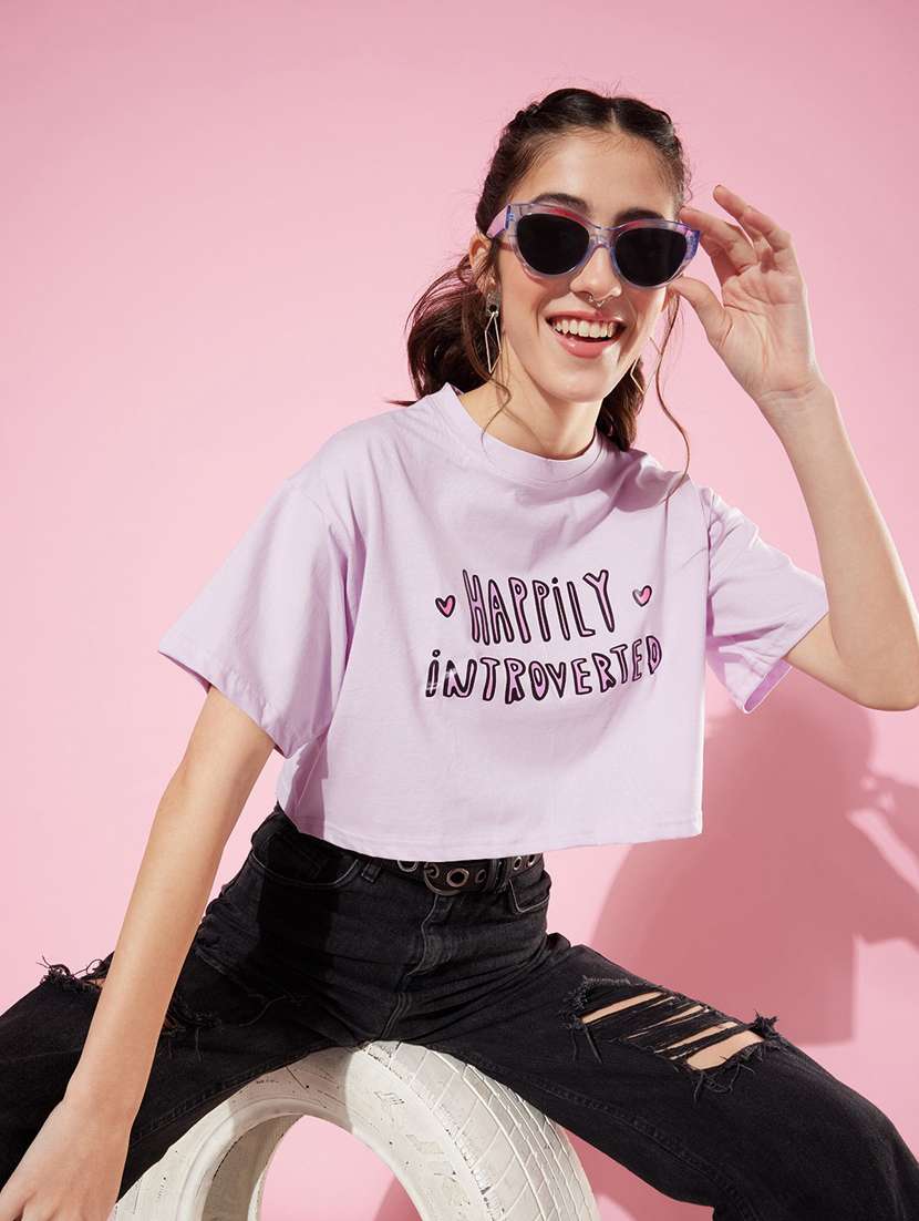lavender chest print oversized crop t-shirt
