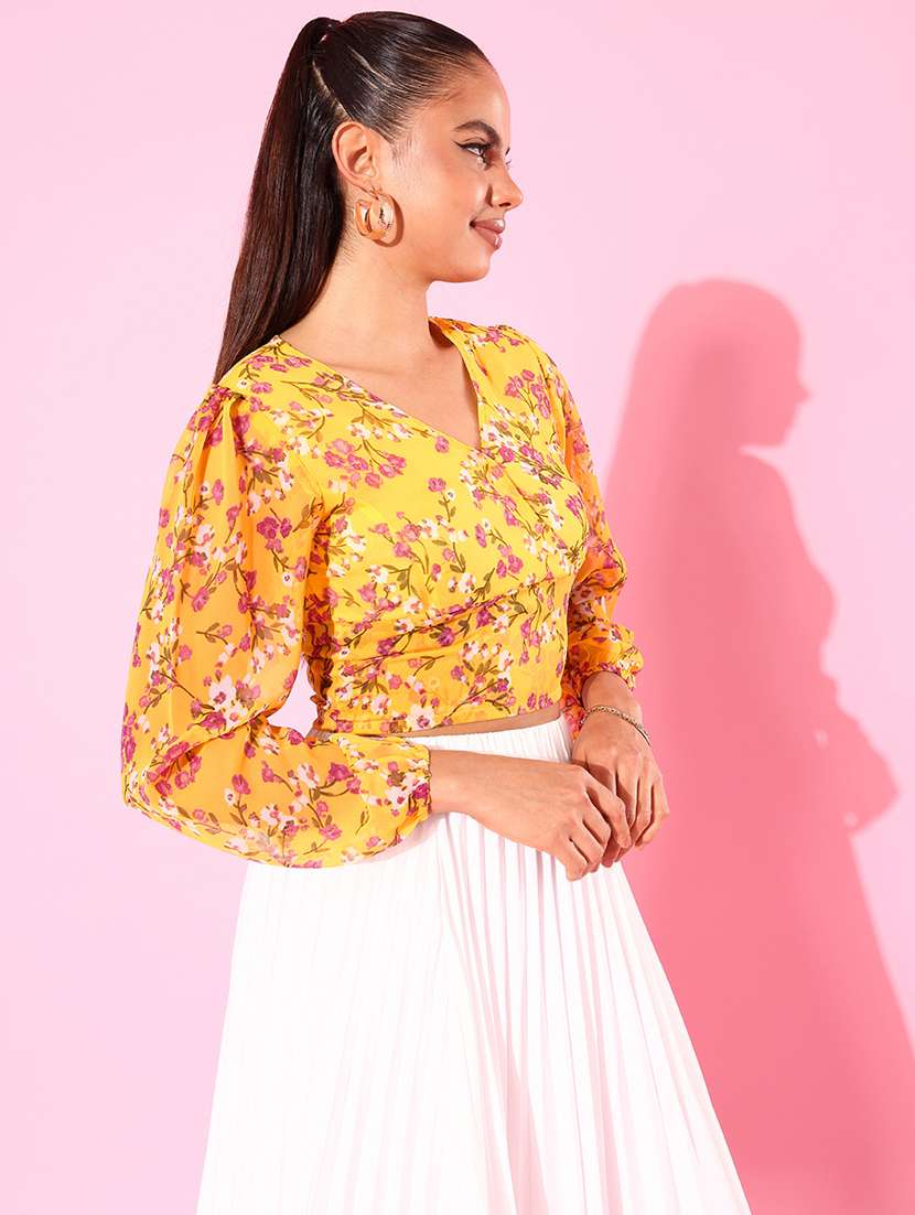 women yellow floral printed crop top - 20853157 -  Standard Image - 1