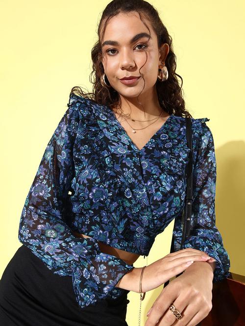 blue floral printed detailed crop top - 20853167 -  Standard Image - 0