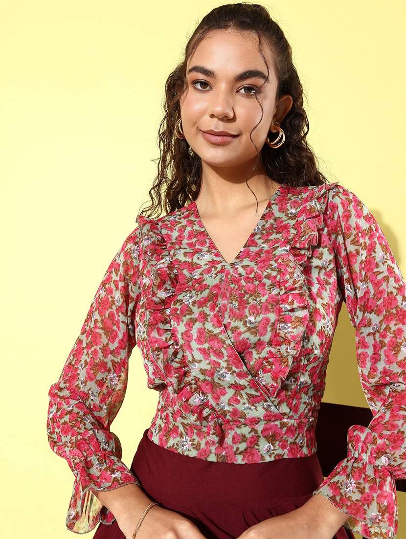 women green floral printed regular top