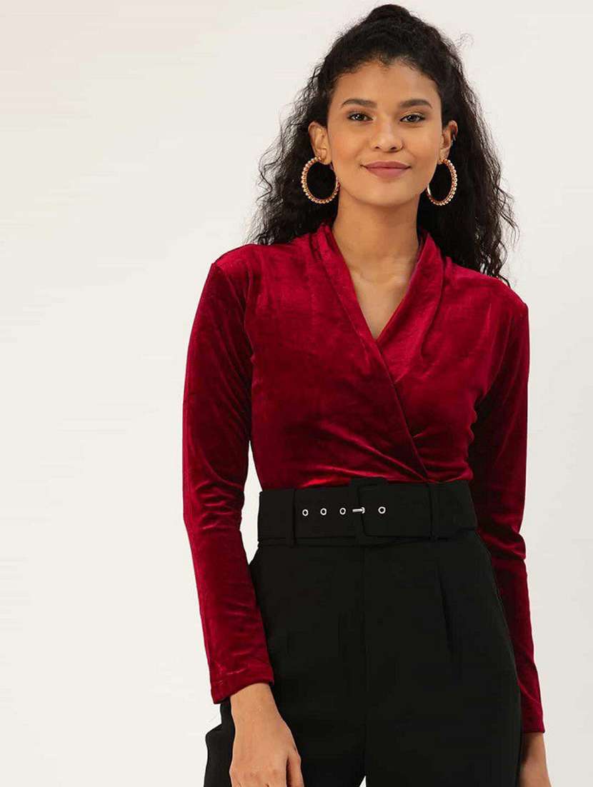 solid maroon velvet bodysuit top