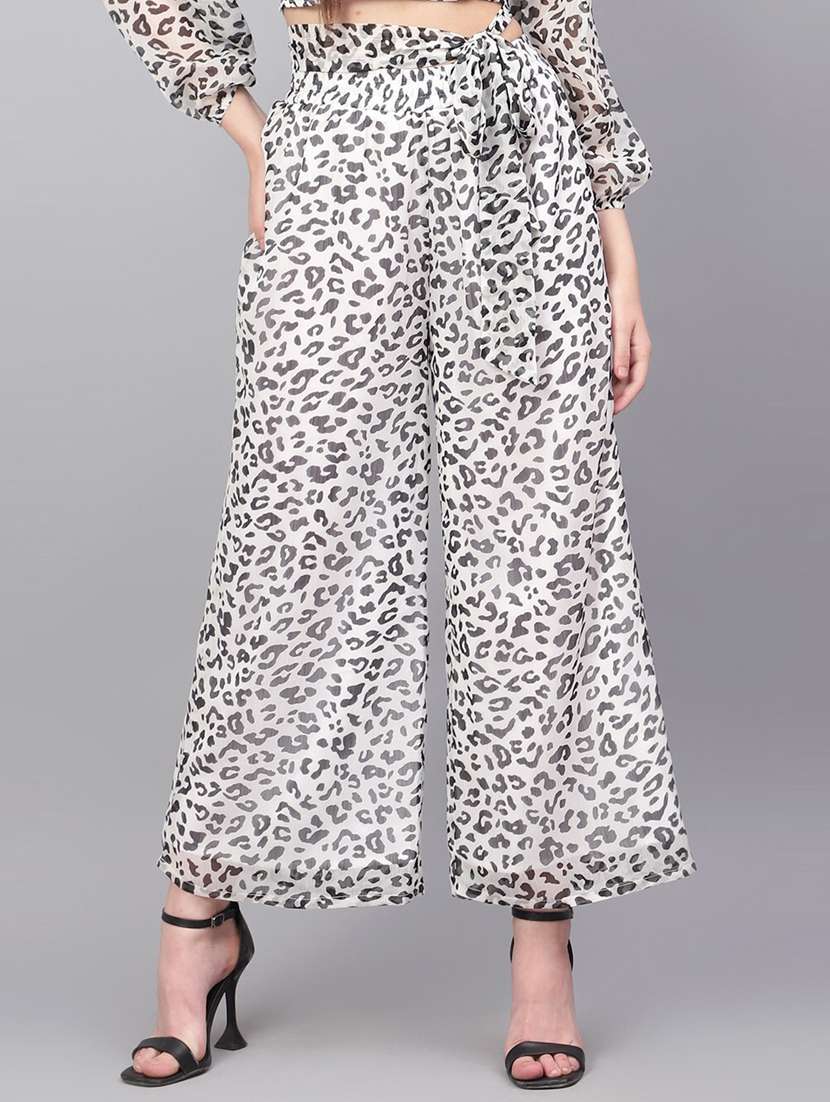 women animal print ankle length wide leg trousers