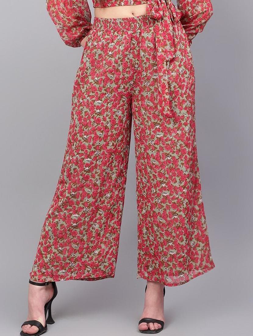 women printed ankle length wide leg trousers