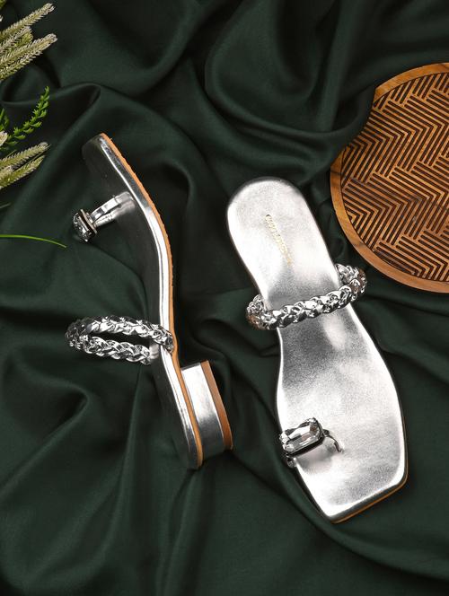 silver synthetic slip on sandals - 20855443 - Standard Image - 0
