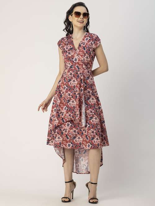women rust floral printed high low dress - 20856135 - Standard Image - 0