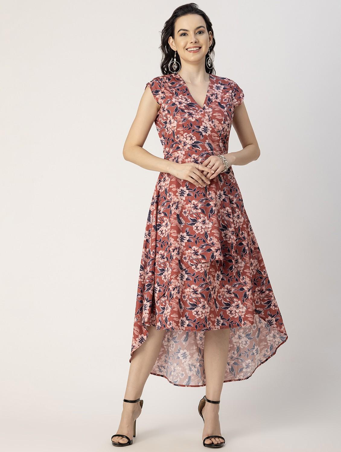 women rust floral printed high low dress - 20856135 - Standard Image - 1