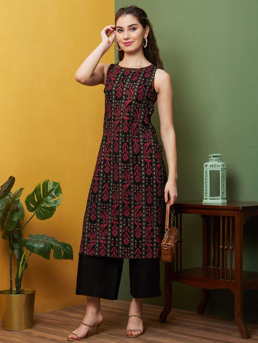 globus women black ethnic motifs kantha work round neck straight kurta & wide leg trouser set