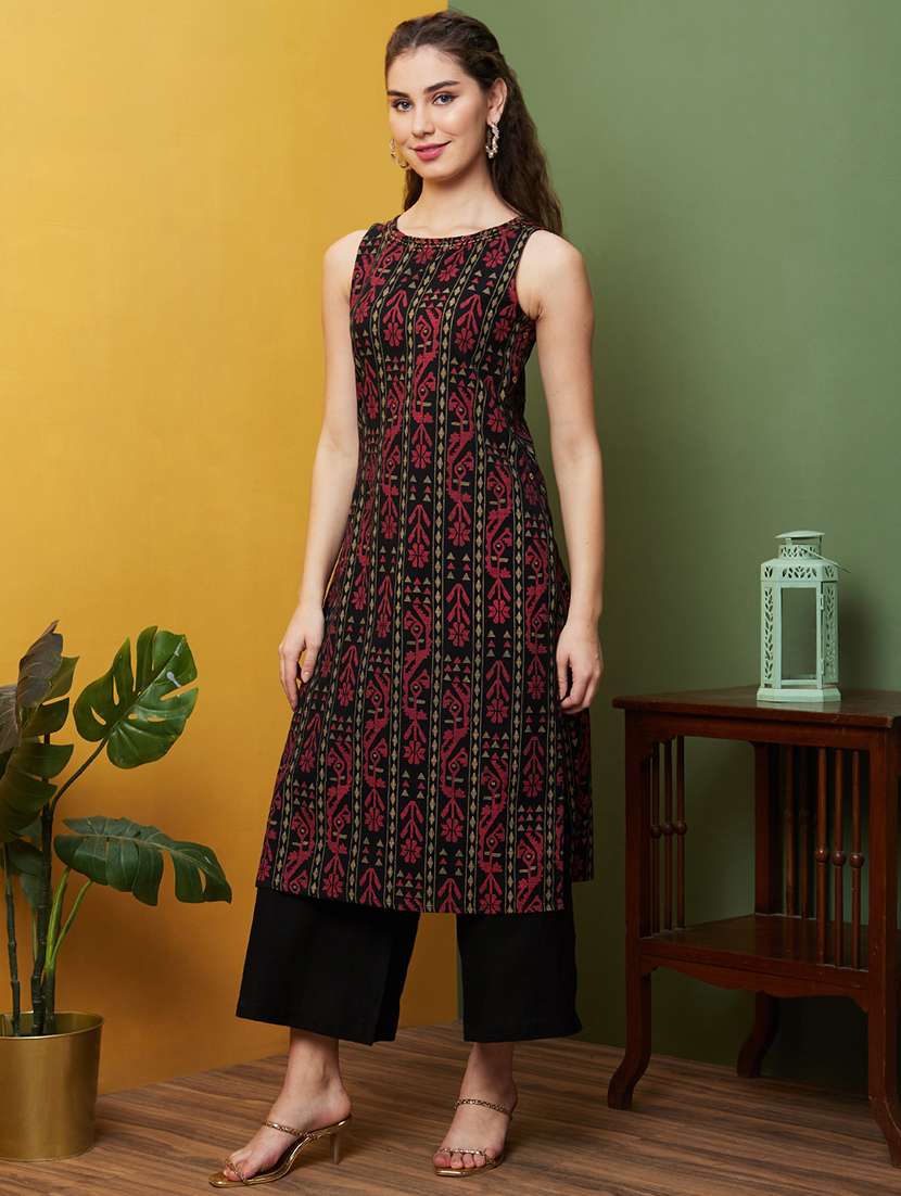 globus women black ethnic motifs kantha work round neck straight kurta & wide leg trouser set - 20857875 - Standard Image - 1