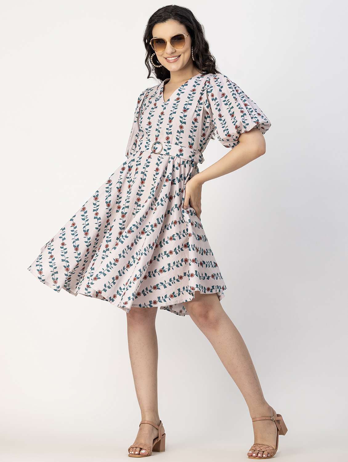 women cream floral printed fit & flare dress