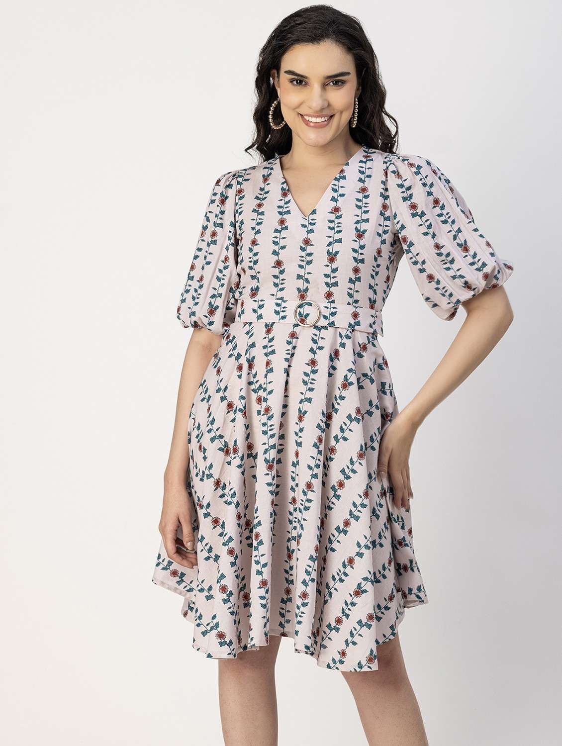 women cream floral printed fit & flare dress - 20858020 -  Standard Image - 1