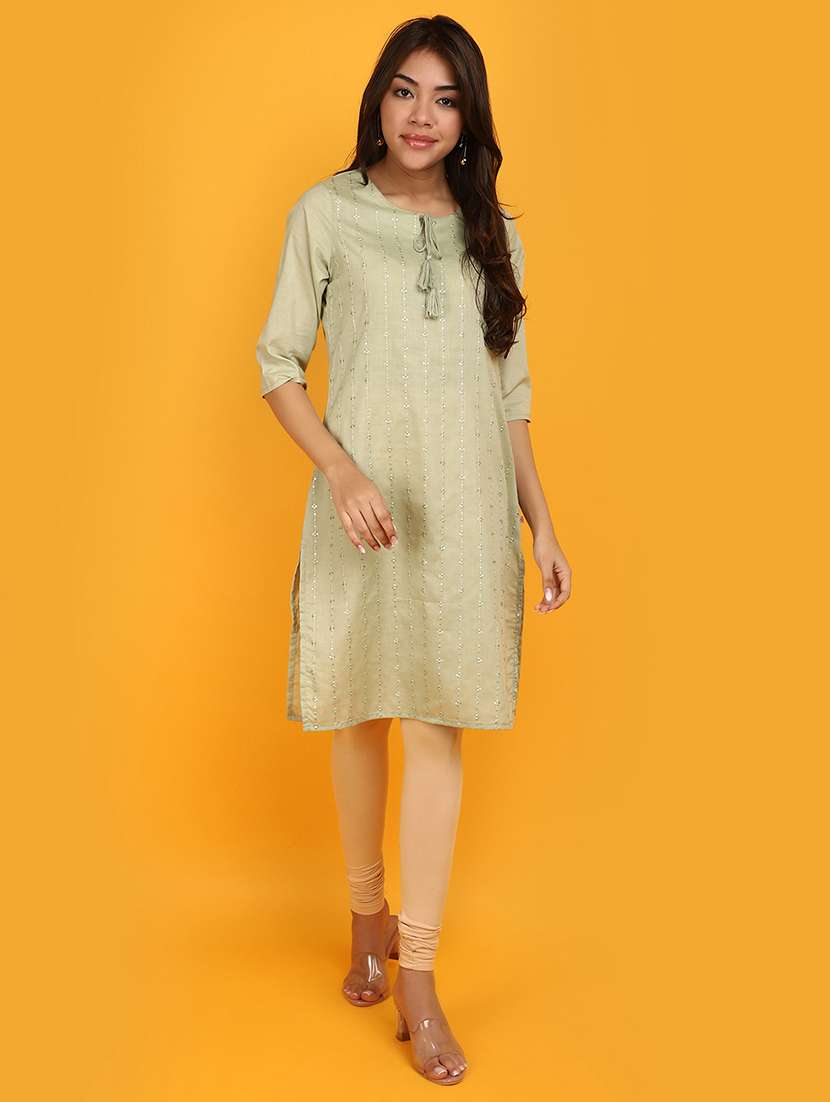 women green tie-up neck straight kurta