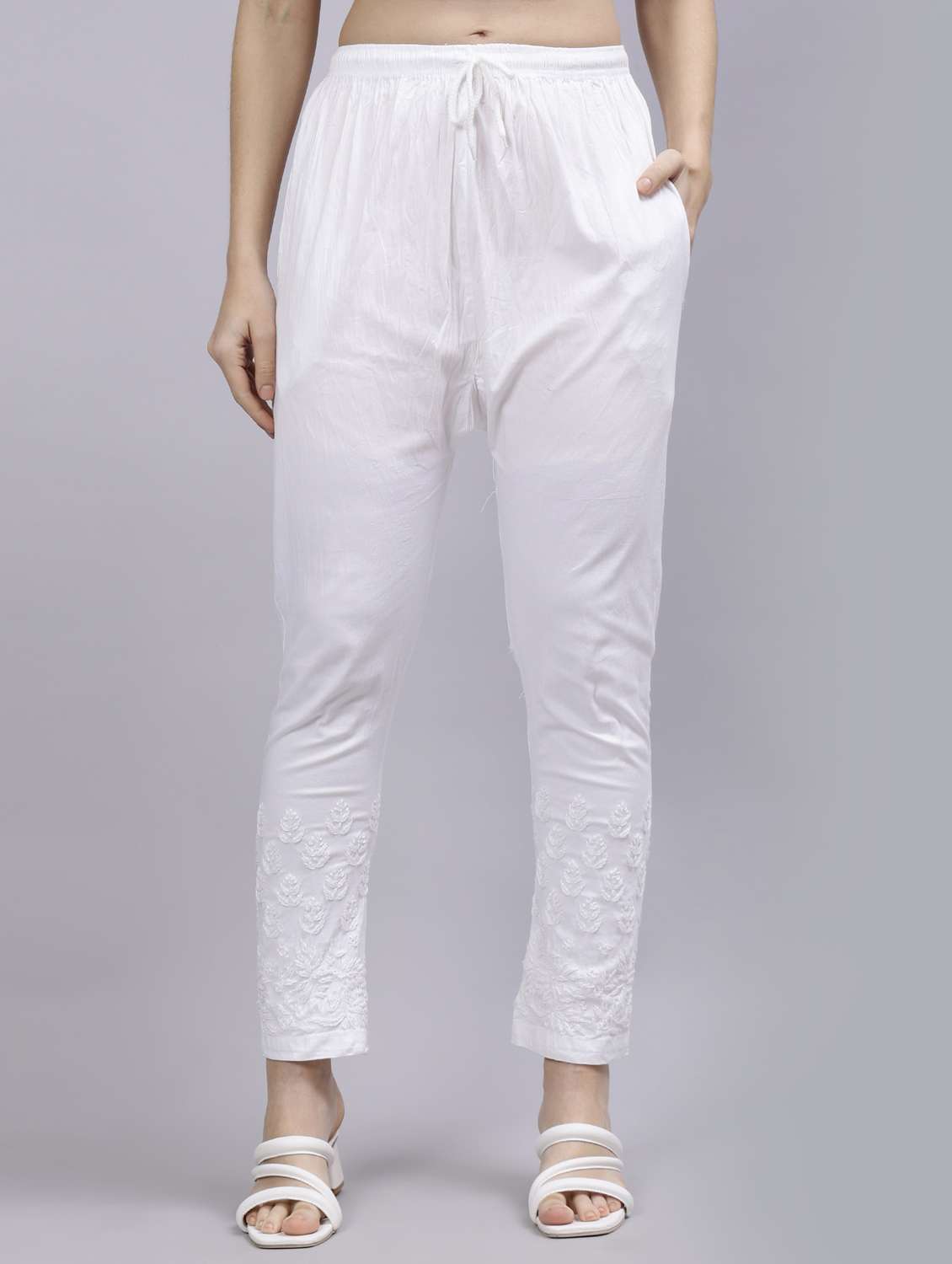 white embroidered tapered pant