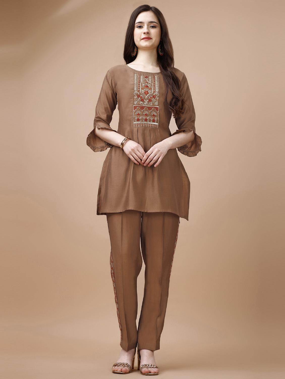 brown three quarter sleeve ethnic co-ord set