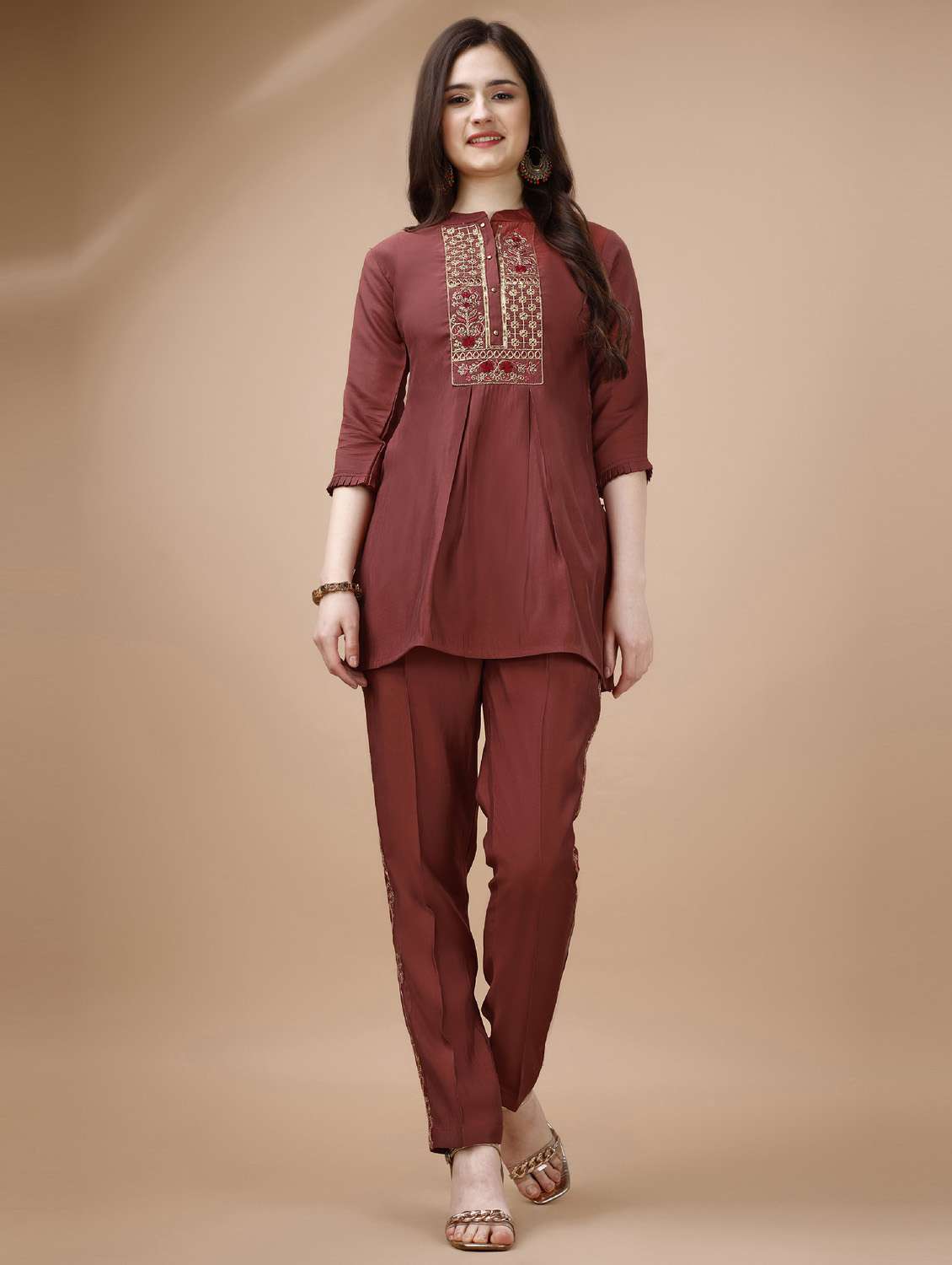 rust three quarter sleeve ethnic co-ord set