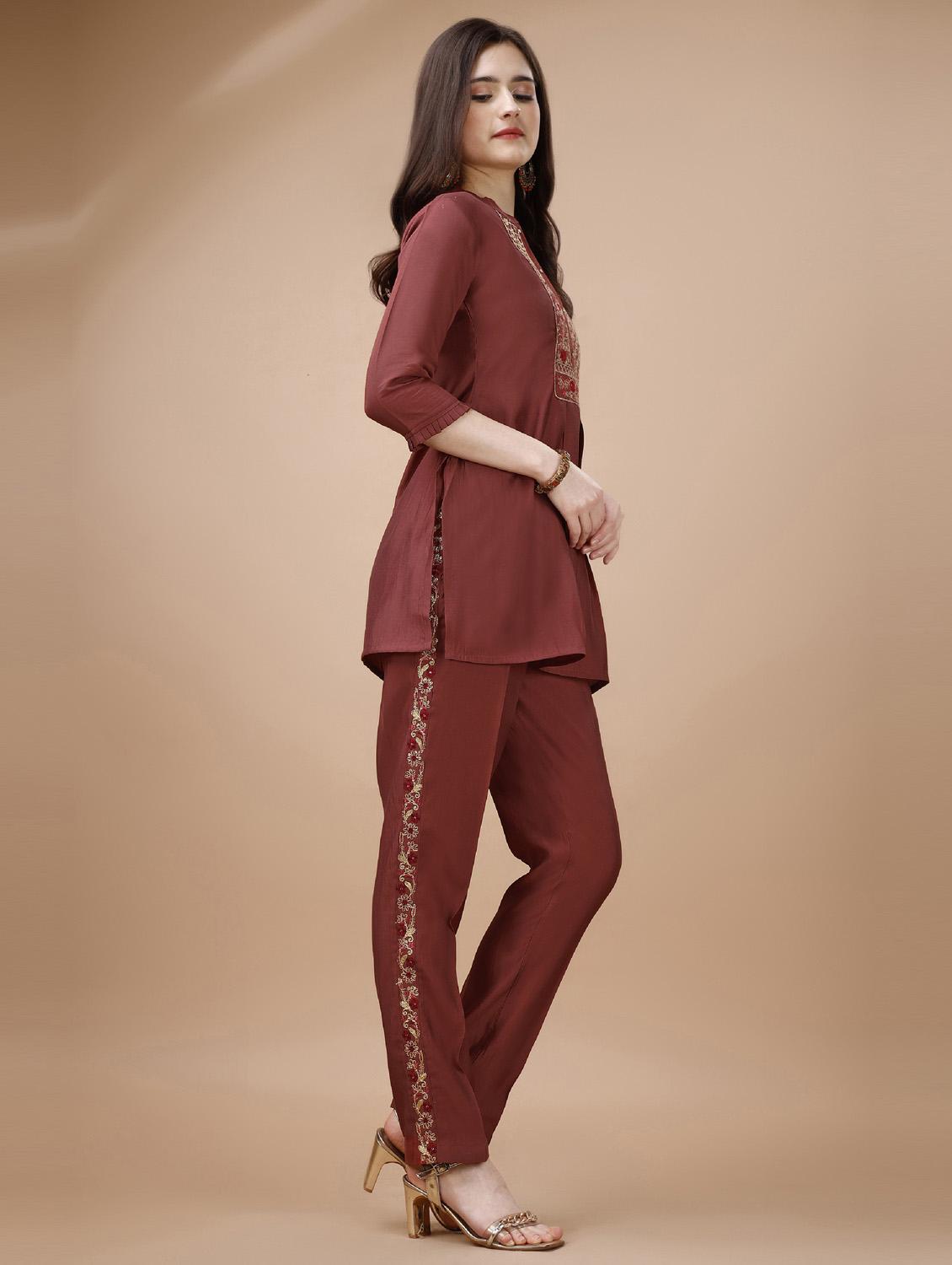 rust three quarter sleeve ethnic co-ord set - 20864265 -  Standard Image - 1