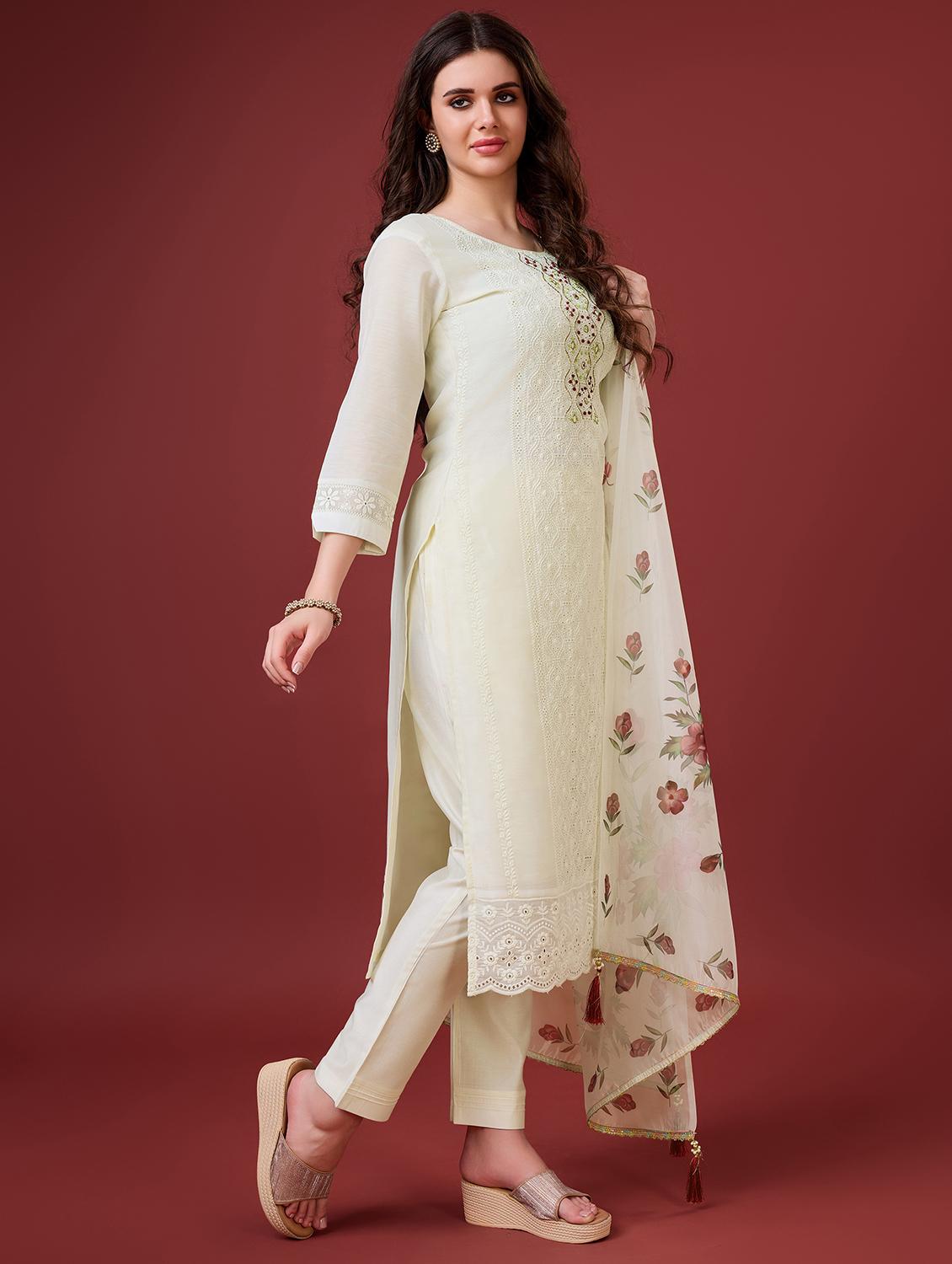 women three quarter sleeve kurta pant with dupatta set - 20864359 - Standard Image - 1