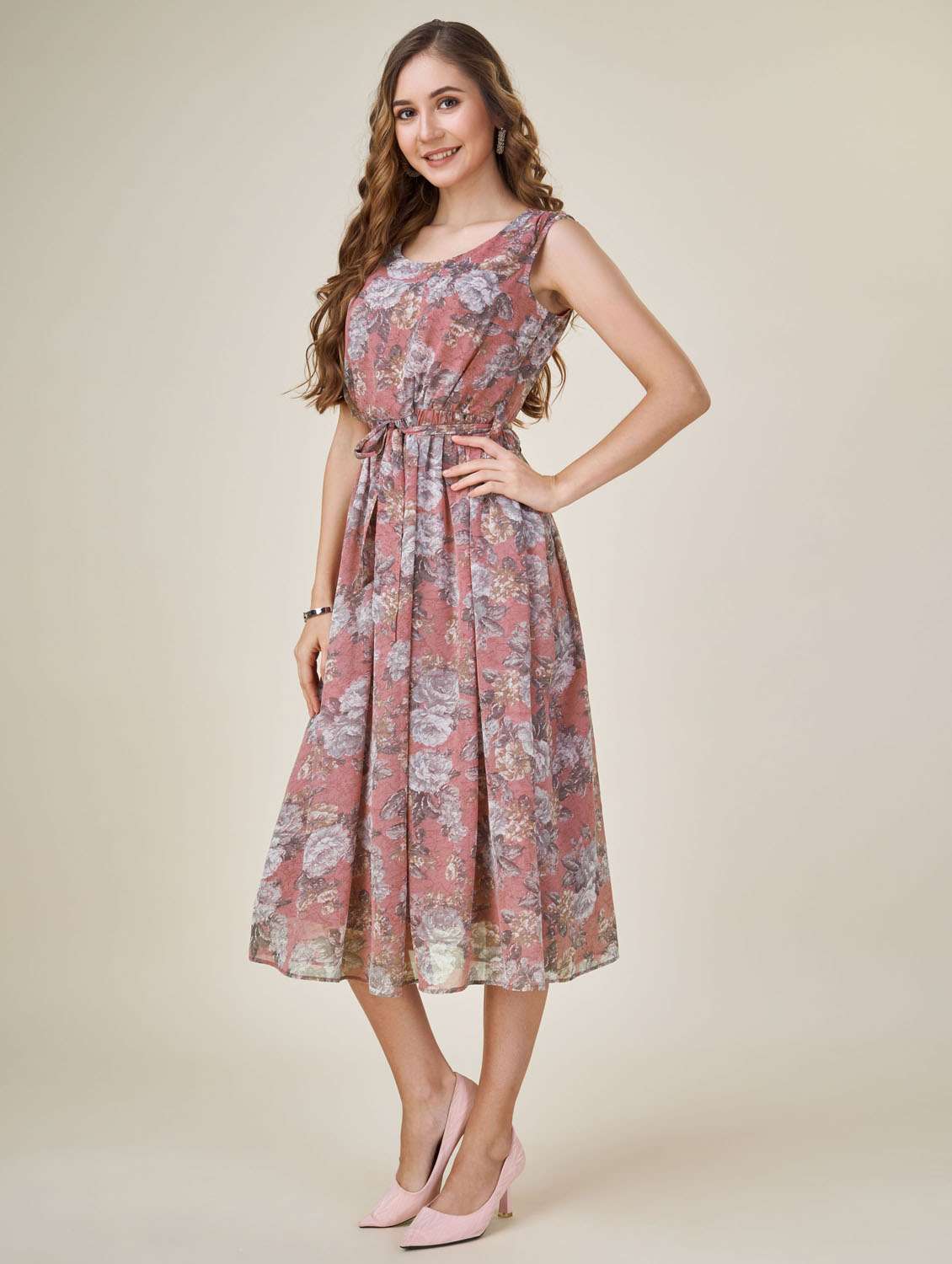 round neck floral printed fit & flare dress - 20864363 - Standard Image - 1