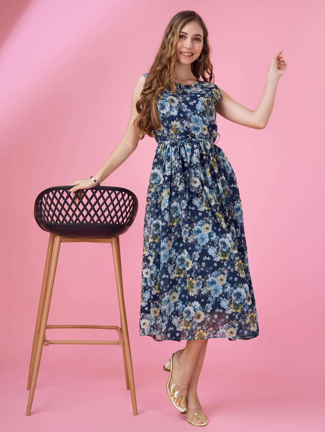 blue floral printed fit & flare dress