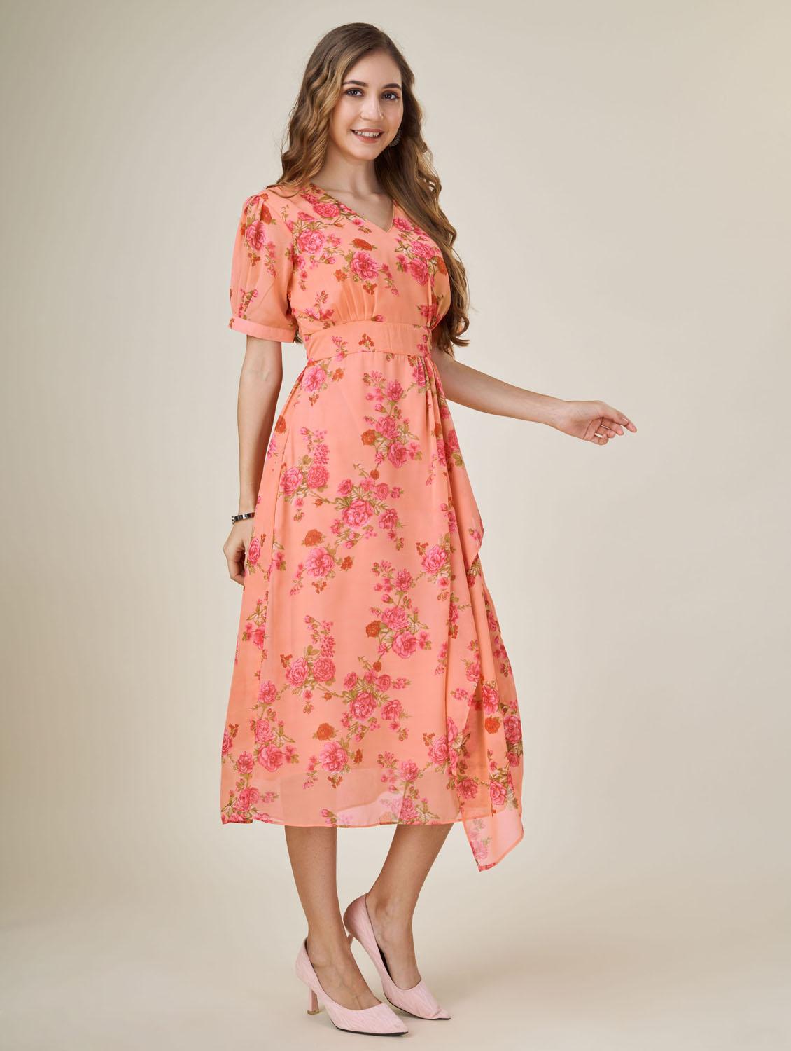 orange floral printed fit & flare dress - 20864378 - Standard Image - 1