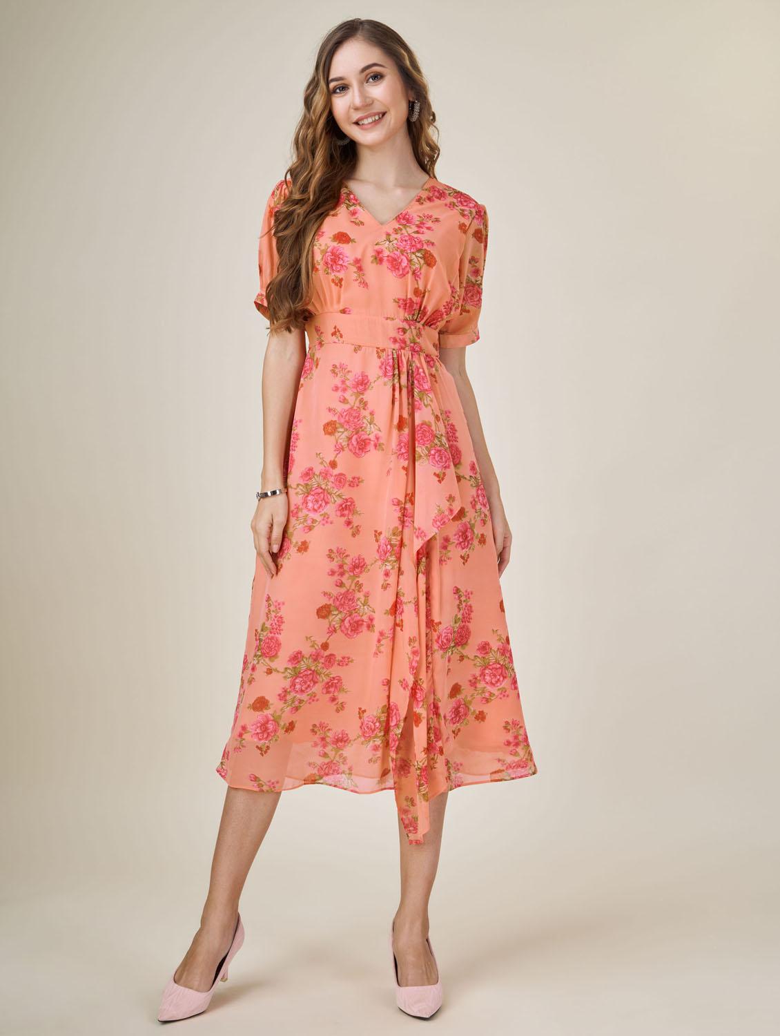 orange floral printed fit & flare dress - 20864378 - Standard Image - 4