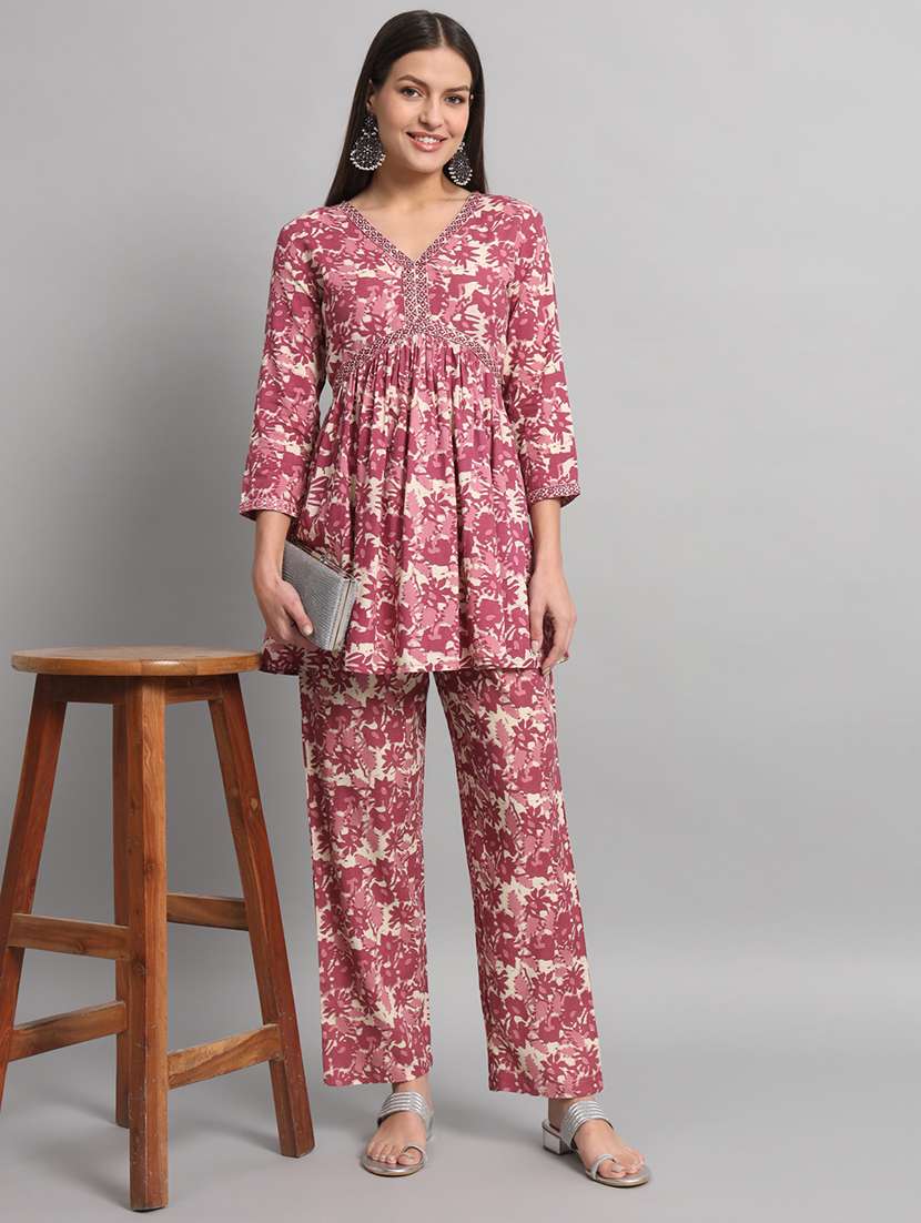 purple printed detailed top & trouser coord set