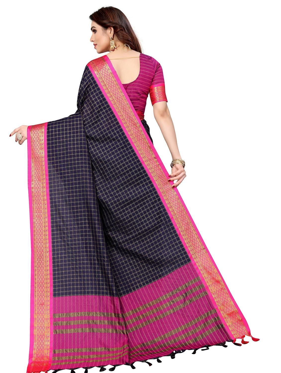 women blue checks chettinadu saree - 20873099 - Standard Image - 1