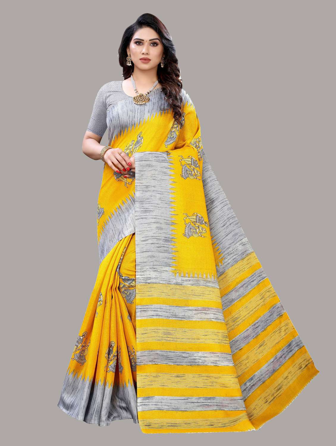 women yellow printed bordered saree with blouse