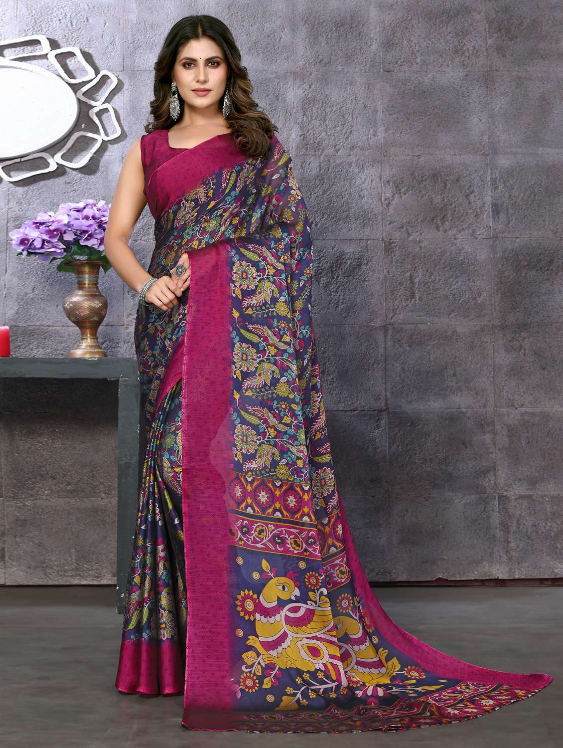 women blue floral printed saree with blouse