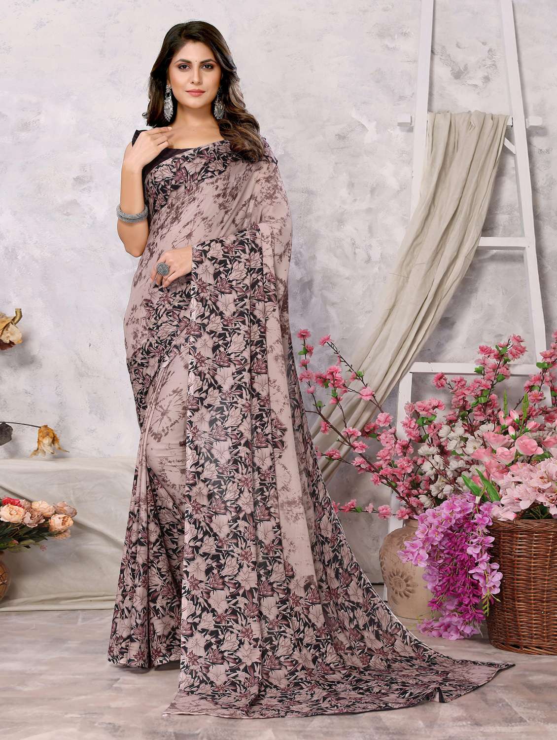 women beige printed georgette saree with blouse