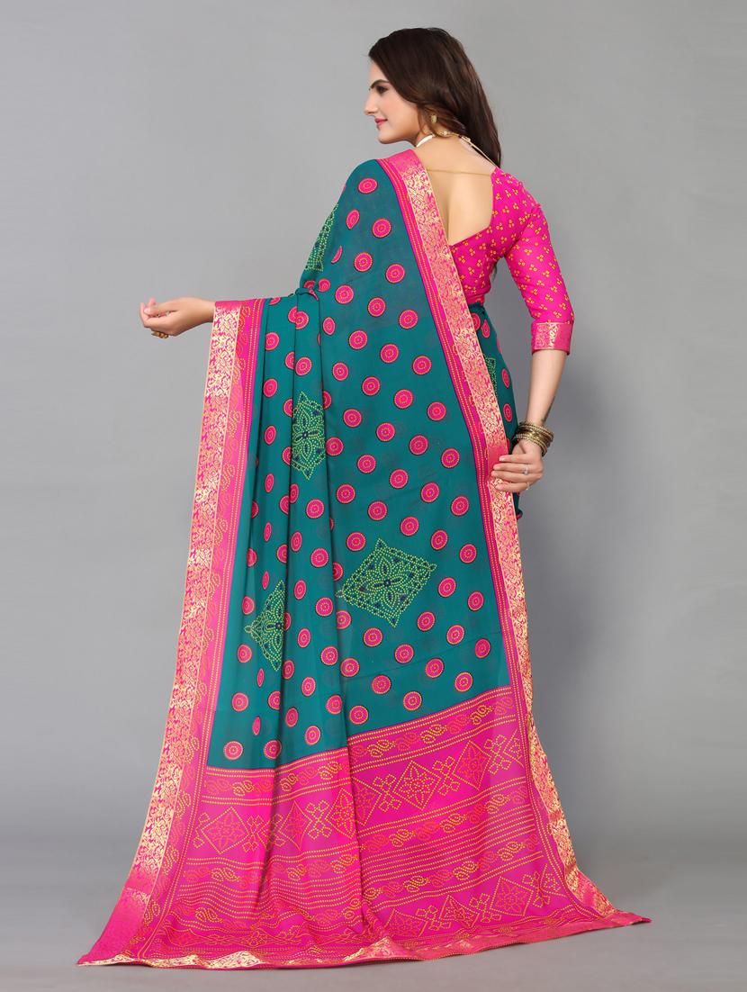 women teal bandhani printed saree with blouse - 20873831 - Standard Image - 1