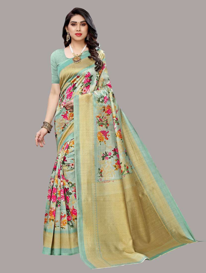 women green floral printed bordered saree with blouse