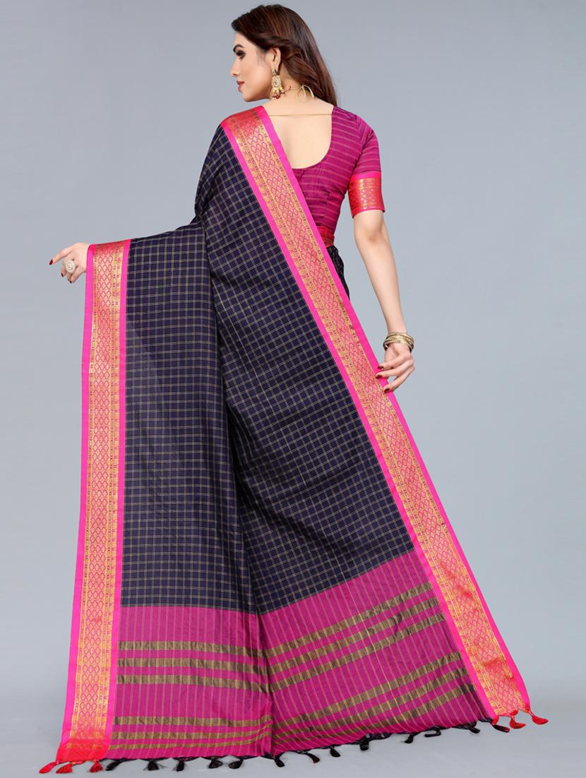 women blue checks chettinadu saree with blouse - 20874152 - Standard Image - 1
