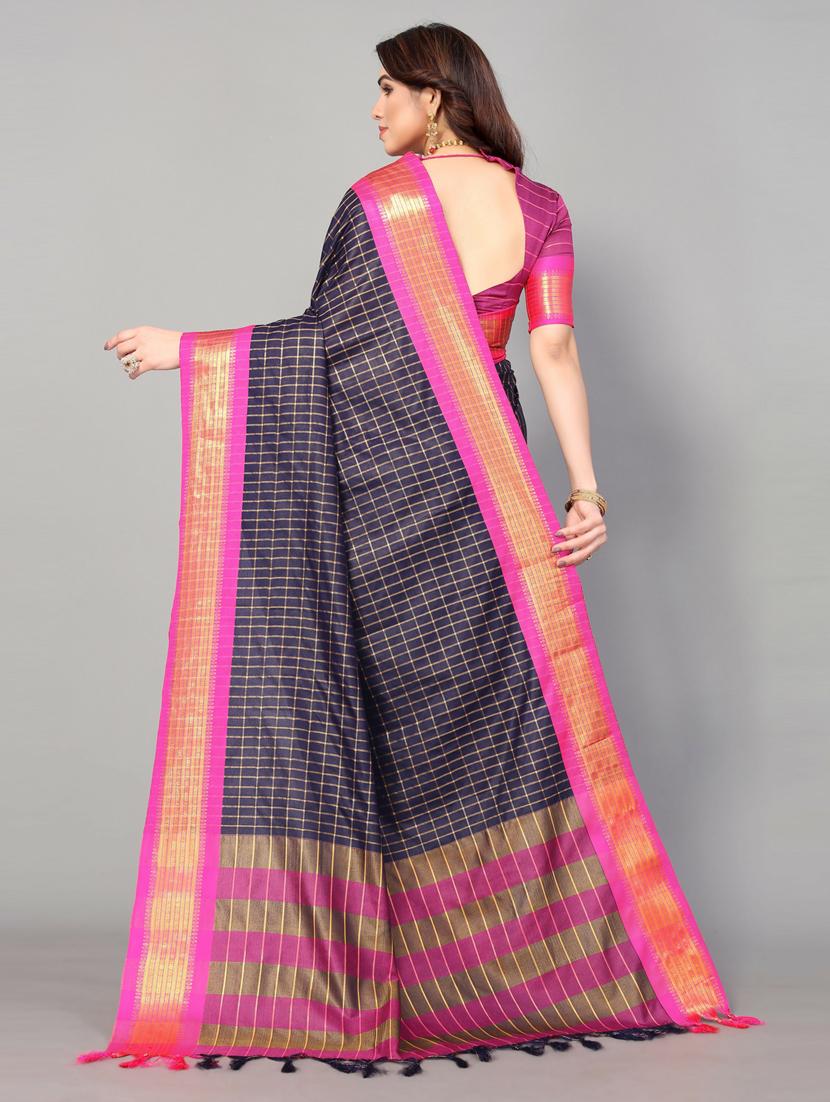 women blue checks chettinadu saree with blouse - 20874153 - Standard Image - 1