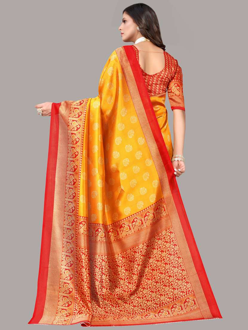 women yellow self design bordered saree with blouse - 20874208 -  Standard Image - 1