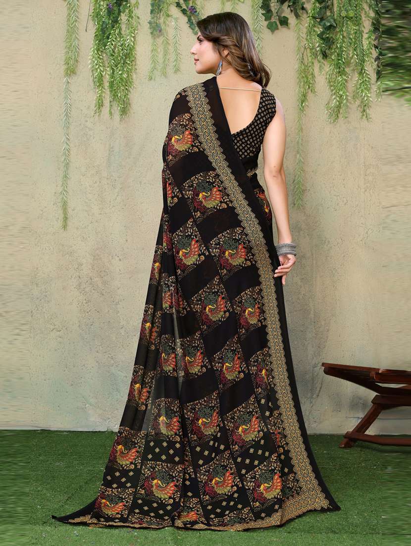 Women Black Printed Georgette Saree With Blouse - 20874217 -  Standard Image - 1