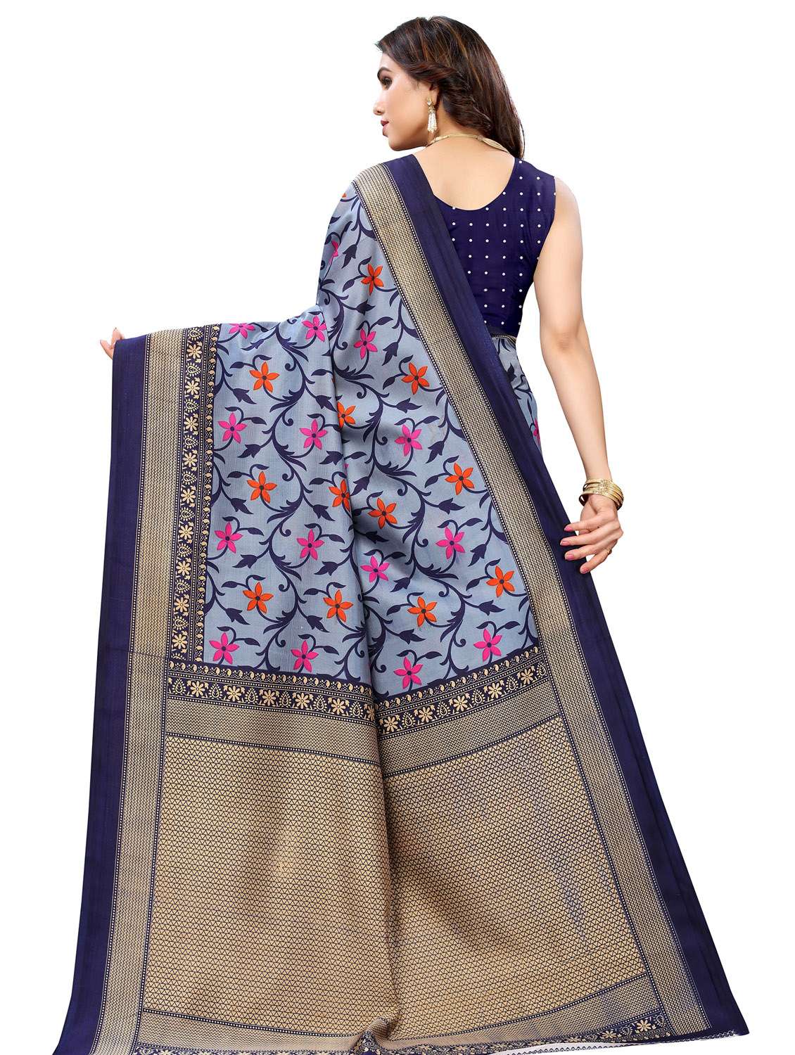 women grey floral printed bordered saree with blouse - 20876002 -  Standard Image - 1