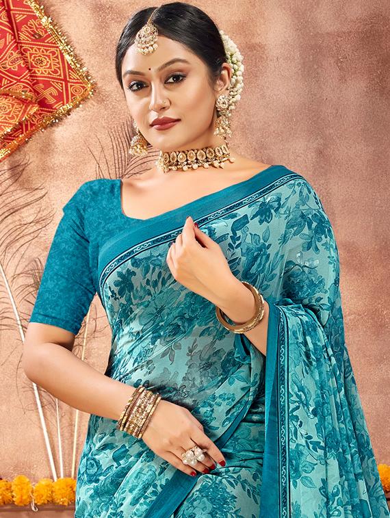 women light blue floral printed georgette saree - 20876342 - Standard Image - 1