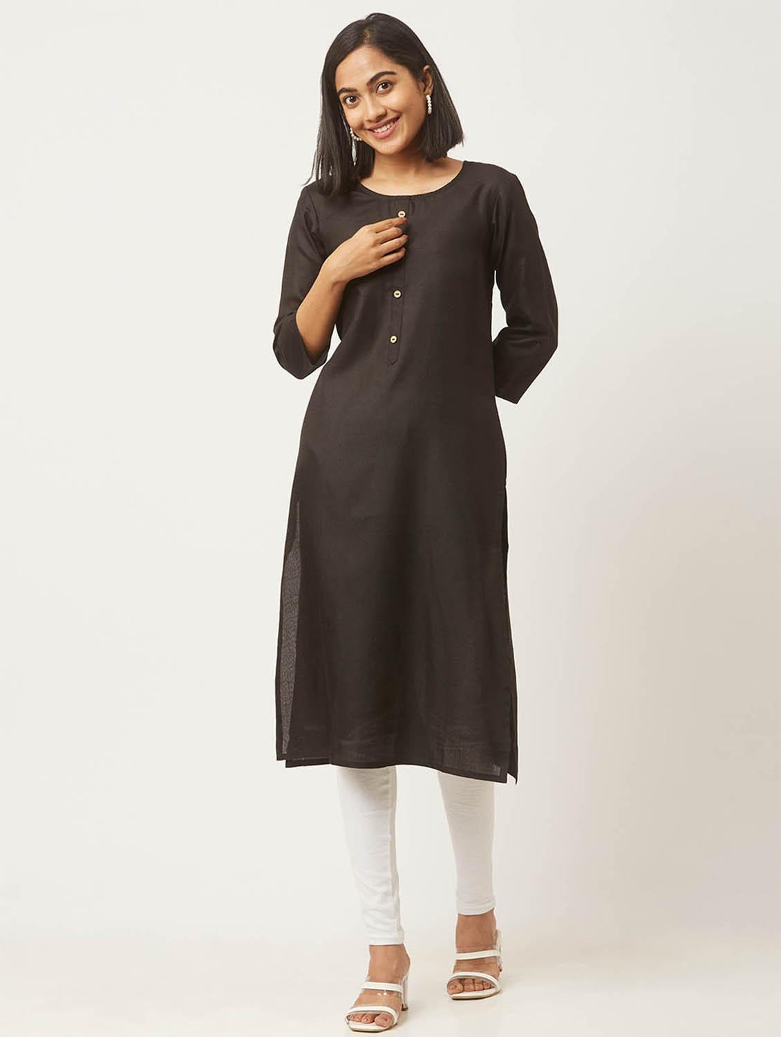 women black round neck straight kurta - 20876384 - Zoom Image - 0