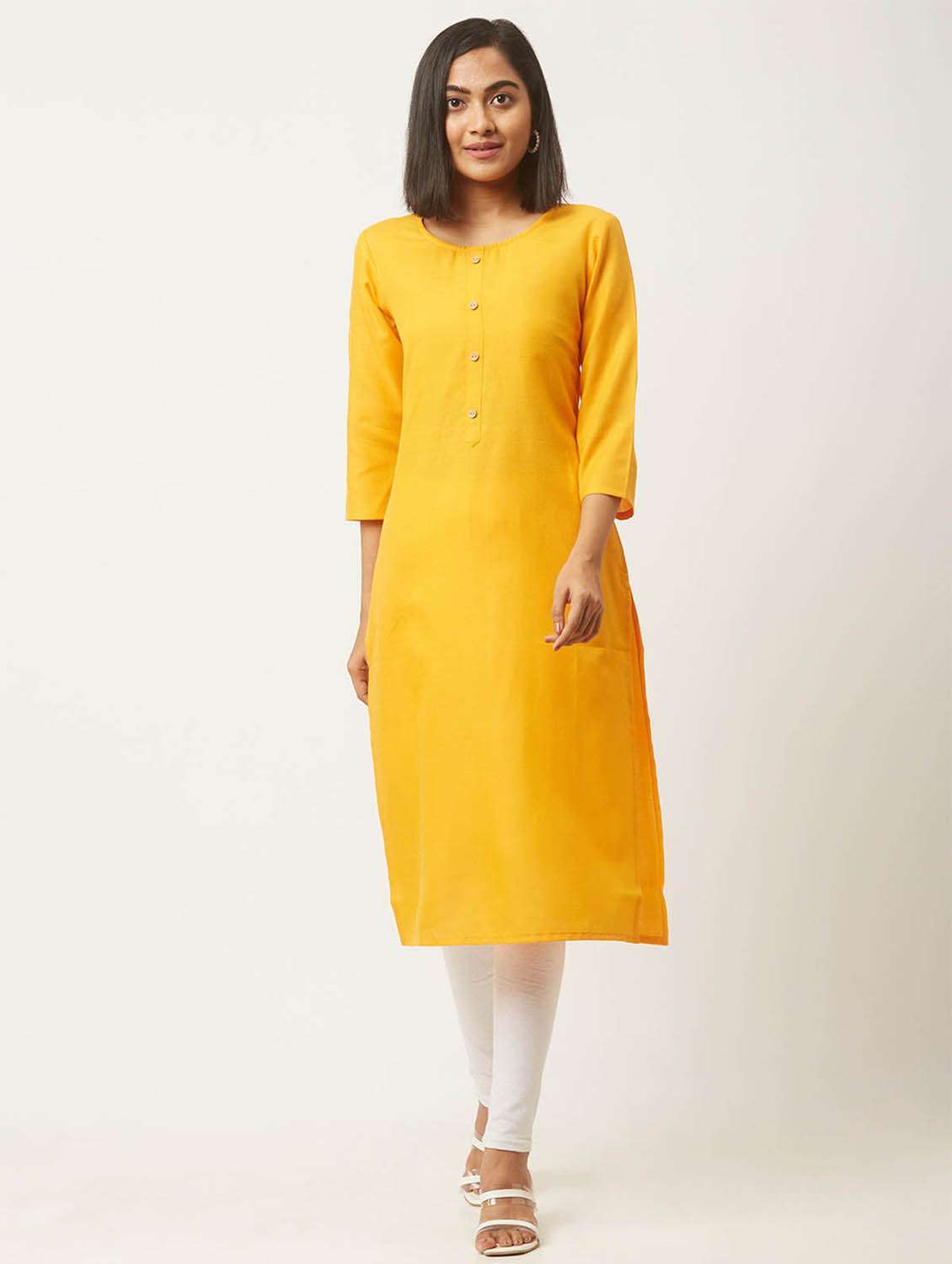 women yellow round neck straight kurta