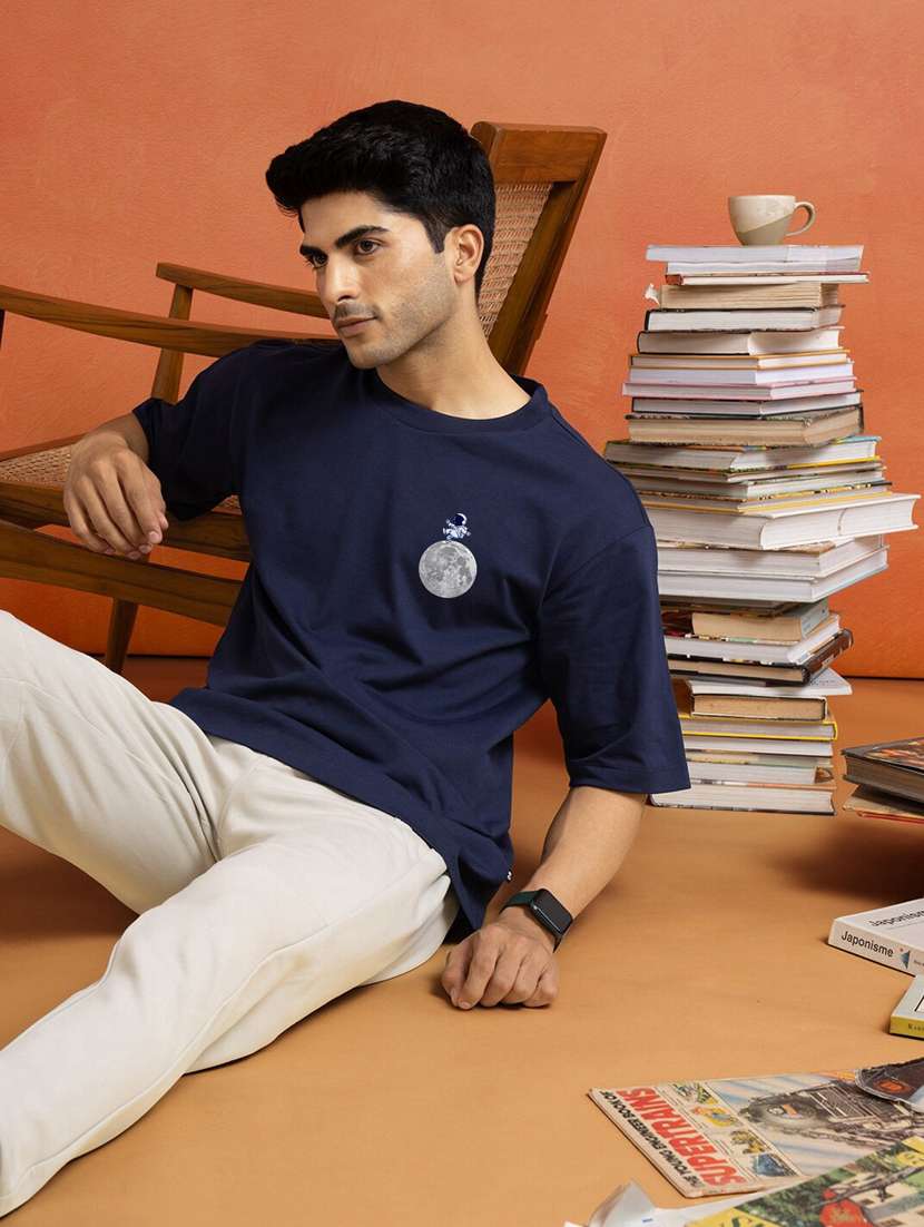 navy blue cotton blend front print tshirt - 20877036 -  Standard Image - 1