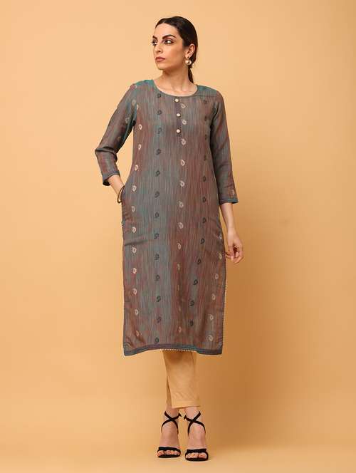 women grey round neck straight kurta - 20878538 -  Standard Image - 0